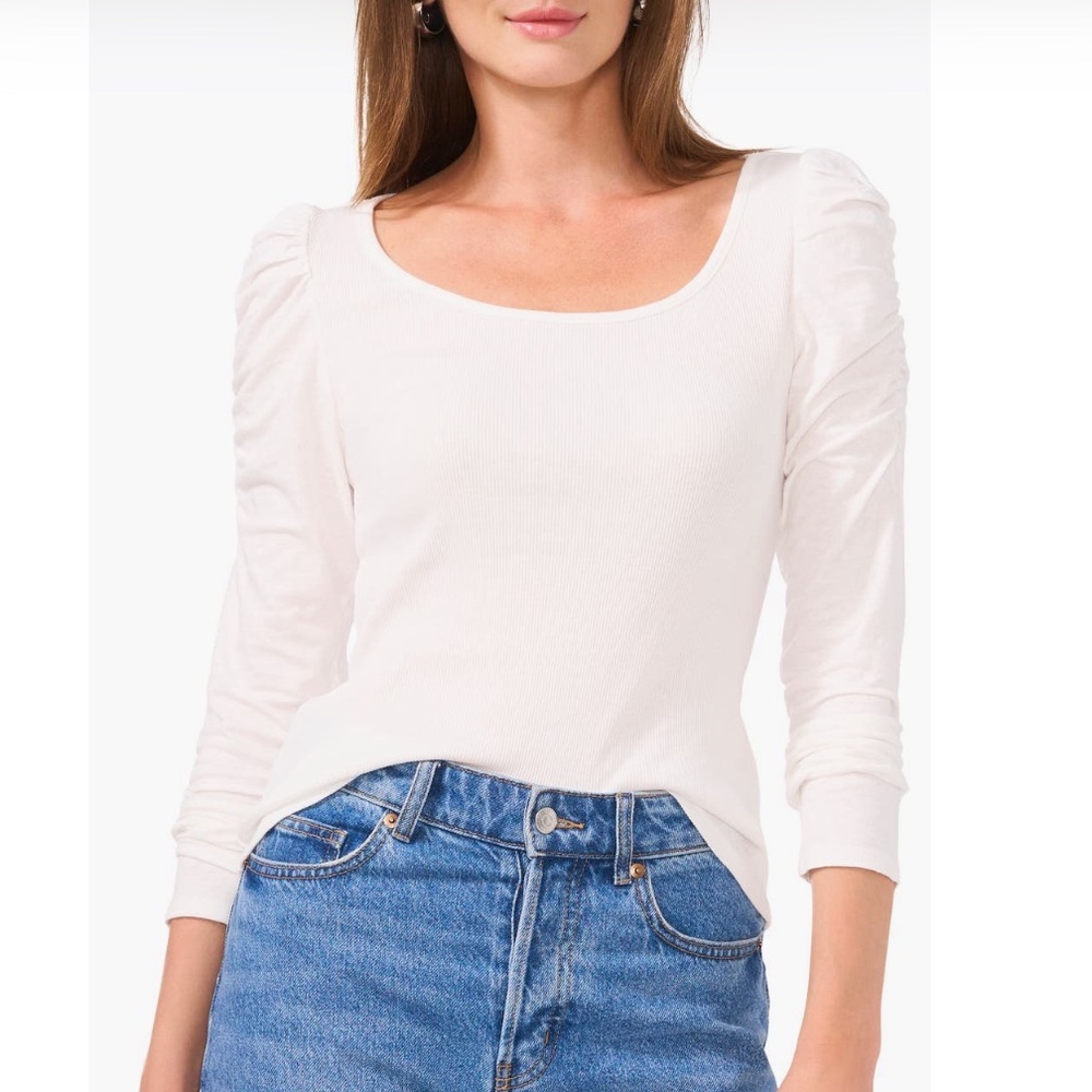 1.STATE Women's White Scoop Neck Ribbed Puff Ruched Sleeve Top - Sz Large, NWT
